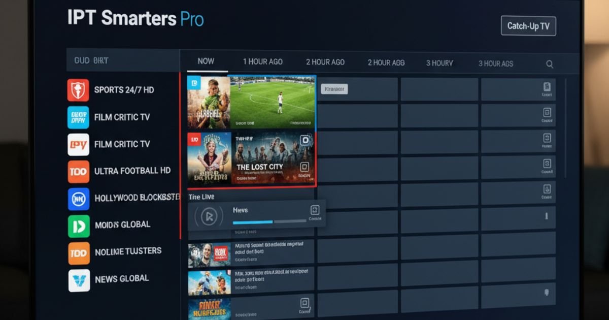 IPTV Smarters Pro EPG and Catch-Up interface on Smart TV.