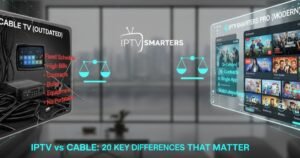 IPTV vs Cable comparison with IPTV Smarters logo highlighting 20 key differences