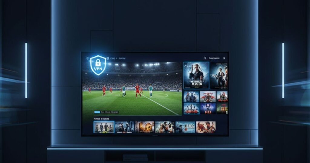 Person watching IPTV on smart TV using VPN for live TV, sports, and movies securely.
